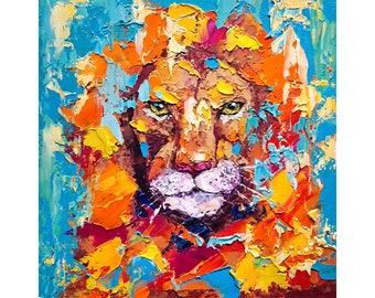 Lion Oil Painting African Animal Impasto Art Gift for Him