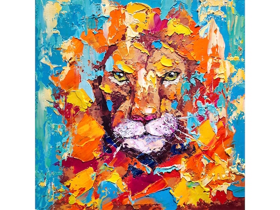 ライオンの油絵：アフリカの動物のインパストアート、10x10 - Etsy 日本