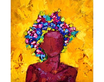 Reina africana, pintura de mujer, arte original, retrato al óleo afroamericano, obra de ArtSenya