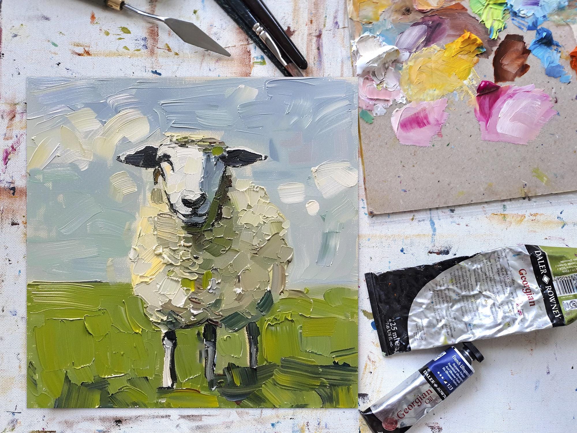 Sheep Oil Painting: Farm Animal Impasto Art, French Kitchen Decor