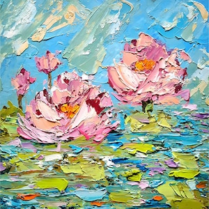 Lotus Oil Painting Water Lily Original Art Pond Flowers Impasto Artwork 10&quot; by 10&quot;