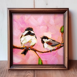 Chickadee Painting Bird Original Art Couple Animals Oil Painting Friendship Artwork image 4