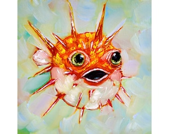 オリジナルフグ油絵：カラフルな水中アート、10x10 - Etsy 日本
