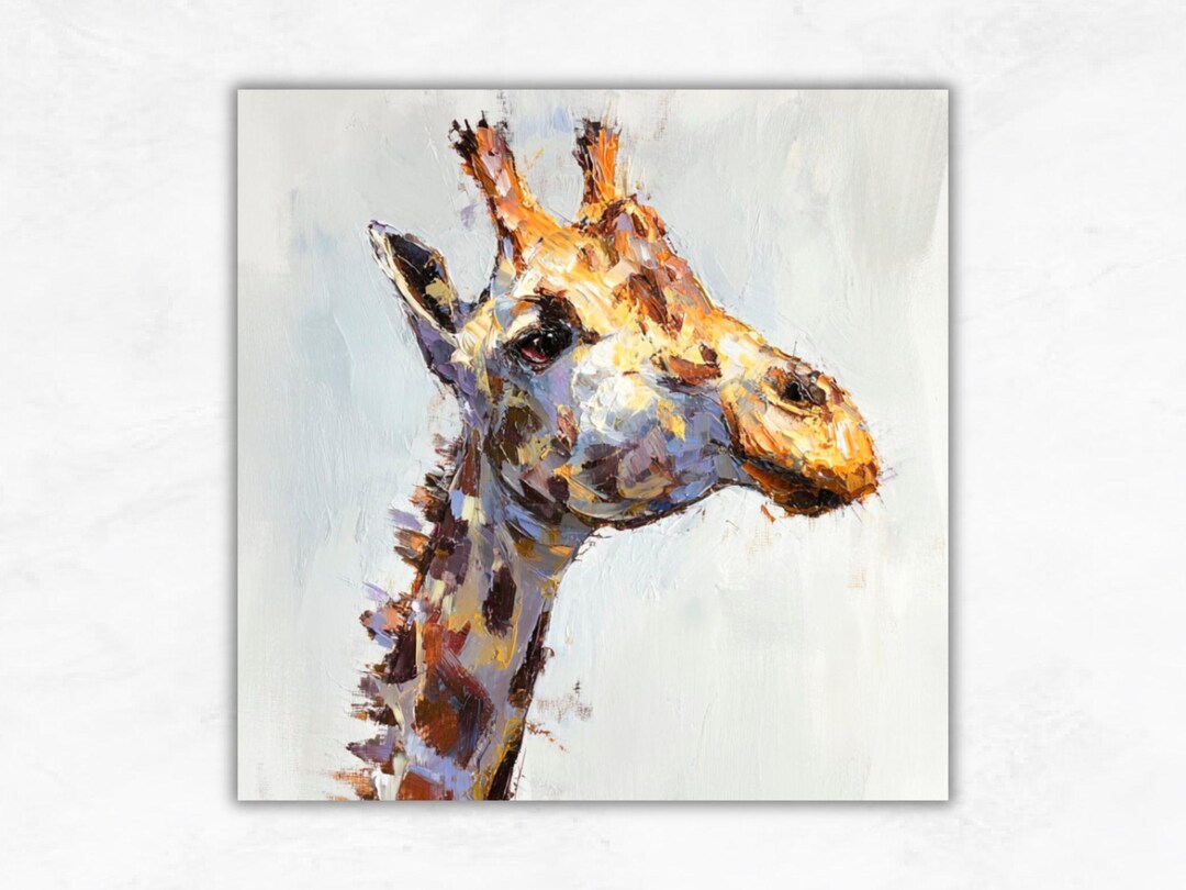 キリンの油絵：インパスト動物アートテクスチャ野生動物壁装飾モダン