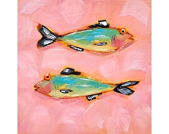 Sardine Fish Oil Painting Sea Animals Original Art Marine Artwork Kitchen Wall Art 10" by 10"