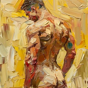 Puede incluir: Una pintura de una figura masculina desnuda con una espalda musculosa, de pie de espaldas al espectador. La figura est&aacute; pintada en un estilo grueso e impasto con una paleta de amarillos c&aacute;lidos, marrones y naranjas. El fondo es un patr&oacute;n texturizado y abstracto de amarillo y marr&oacute;n.