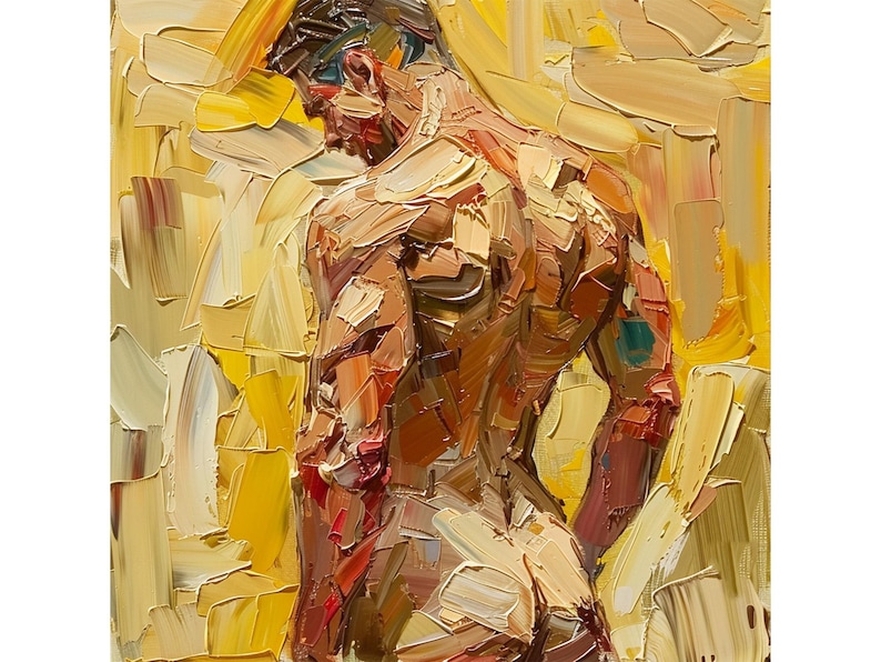 Puede incluir: Una pintura de una figura masculina desnuda con una espalda musculosa, de pie de espaldas al espectador. La figura est&aacute; pintada en un estilo grueso e impasto con una paleta de amarillos c&aacute;lidos, marrones y naranjas. El fondo es un patr&oacute;n texturizado y abstracto de amarillo y marr&oacute;n.