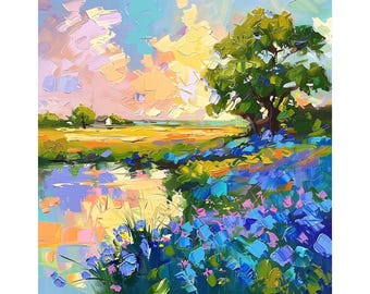 Bluebonnet Field Painting: Texas Hill Country Landscape Art