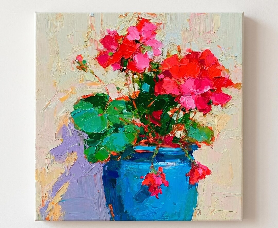 Red Geraniums Oil Painting Large Original Flower Pot Wall Art Colorful ...