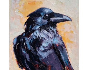 Pintura al óleo de cuervo, empasto, arte mural de pájaro, cuervo oscuro, lienzo texturizado de Halloween, obra de arte animal gótica, regalo de ArtSenya
