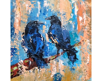 Peinture à l'huile de corbeaux noirs oiseaux oeuvre d'art originale de corbeau couple animaux art mural