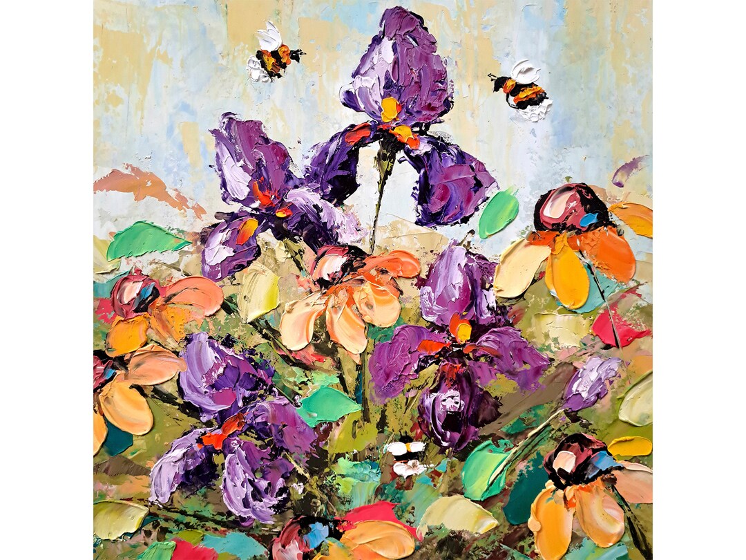 Iris Oil Painting Rudbeckia Flowers Original Art Floral Impasto Artwork ...