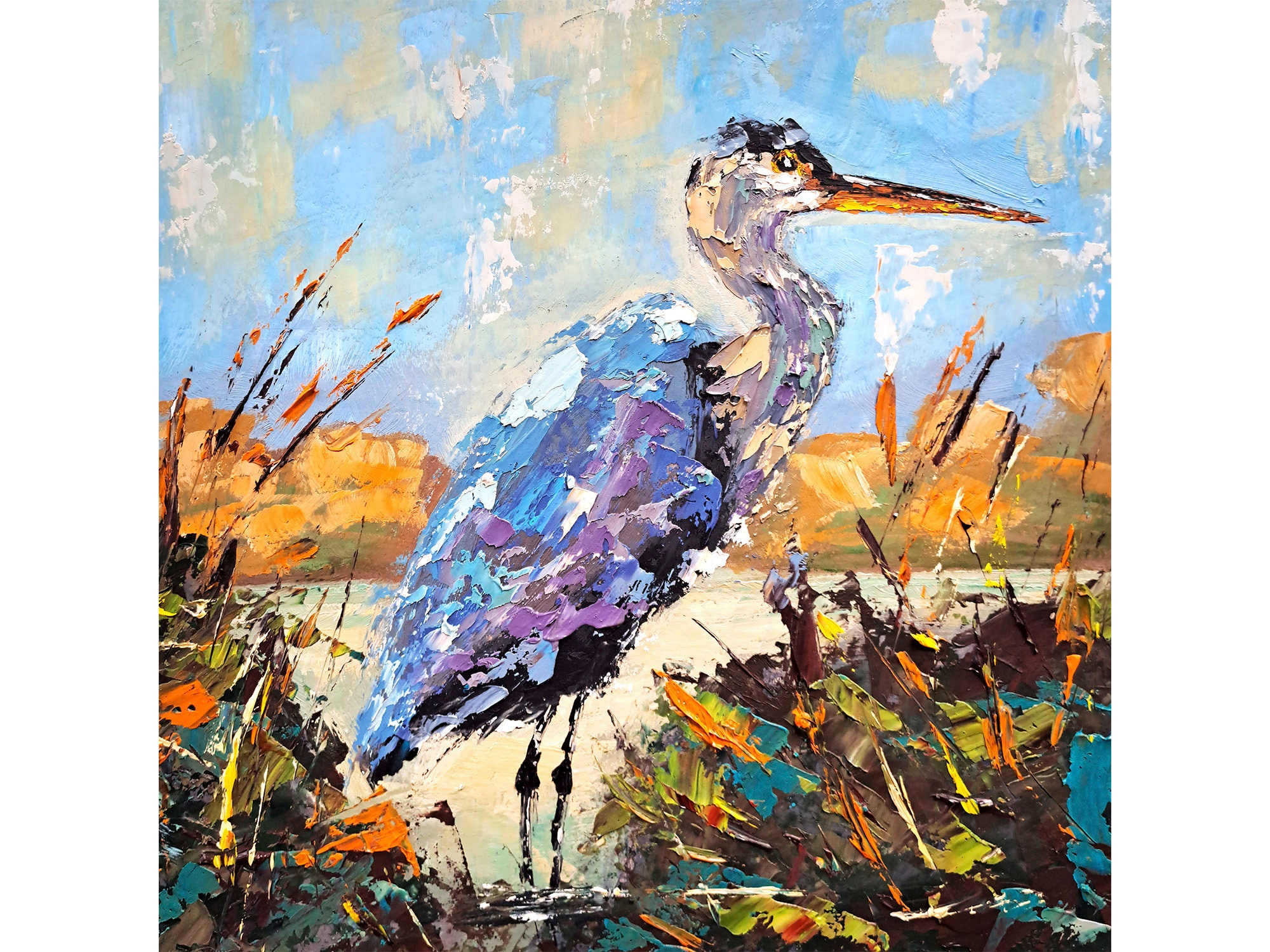 オオアオサギの絵画 沼地の動物 オリジナルアート 鳥 油絵 ArtSenya 作