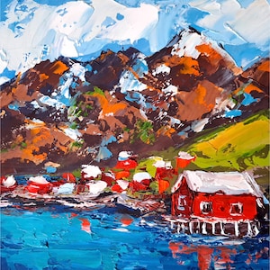 Lofoten Islands Painting Northern Norway Original Art Norwegian Houses Impasto Artwork by ArtSenya