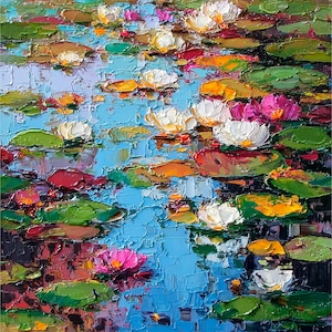 Water Lilies Impasto Large Oil Painting on Canvas Colorful Pond Floral Art Wall Decor Vibrant Lily Nature Artwork by ArtSenya