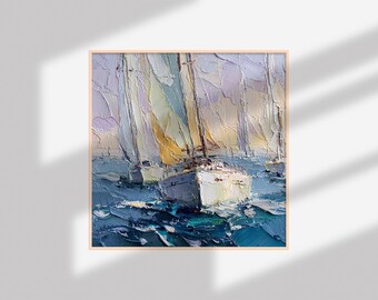 インパストヨット絵画：帆船レガッタ、海景油絵 - Etsy 日本
