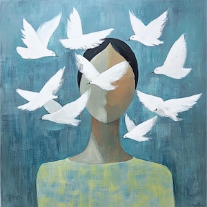 Woman with Doves Painting: Surreal Figurative Oil Art, 20x20 in