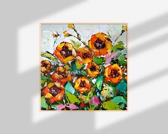 Sonnenblumen Original Fine Art Biene Malerei Blumen Blüten Impasto Ölgemälde Wiese Wand Kunst rustikales Dekor by ArtSenya