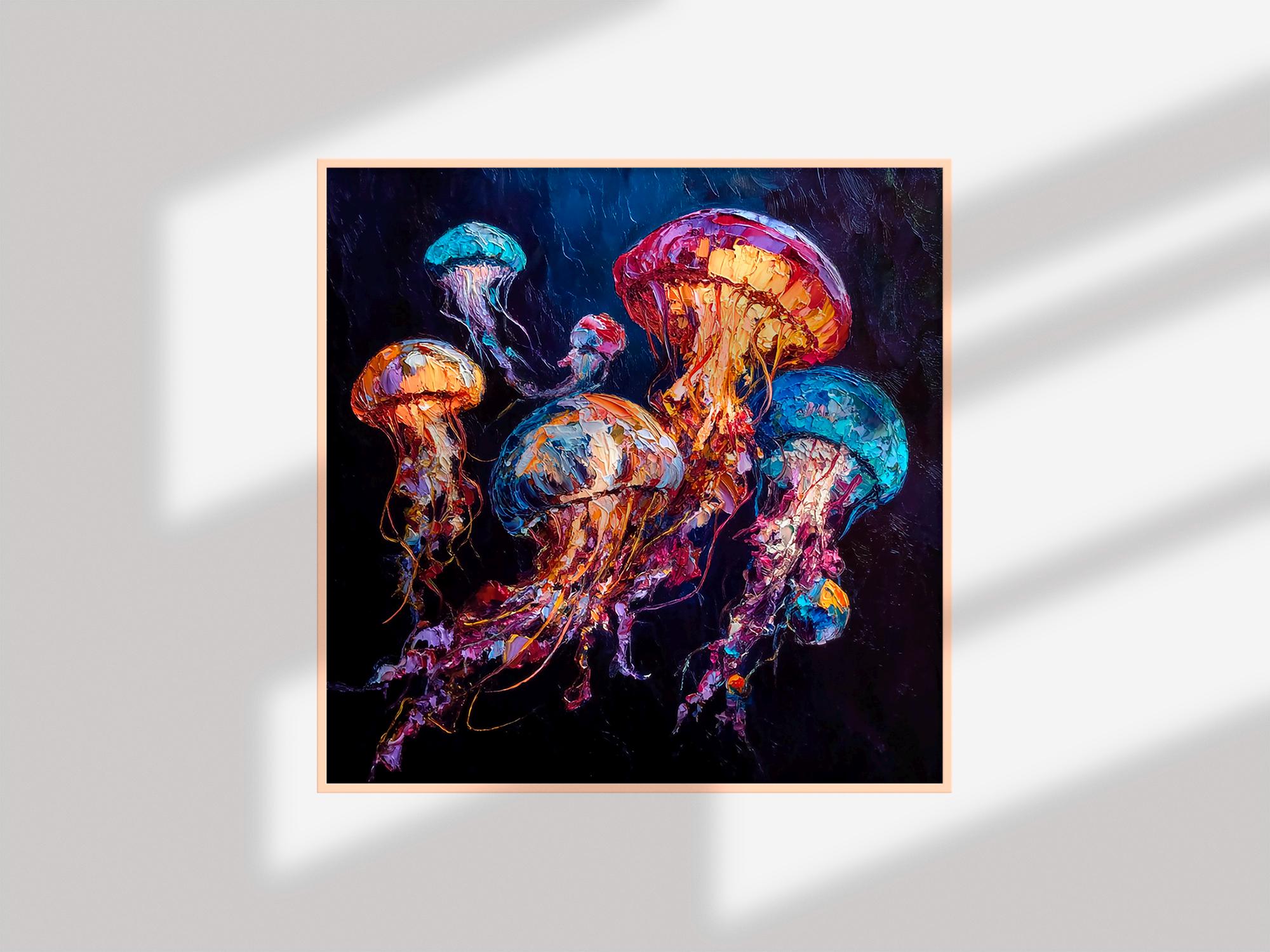 クラゲの絵画：油彩画による海のアート、カラフルな海の生き物