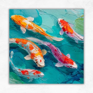 Koi Fish Large Oil Painting Impasto Style Colorful Fish Wall Art Textured Ocean Art Japanese Koi Art Gift by ArtSenya