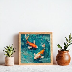 May include: A framed painting depicts two koi fish swimming in a turquoise pond. The fish are orange and white, with detailed brushstrokes creating a textured effect. The artwork is set in a natural wood frame.
