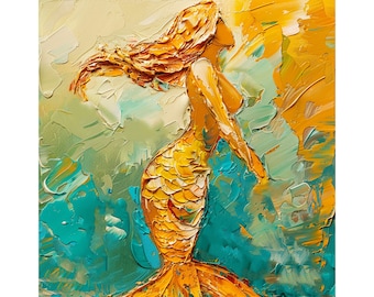 人魚の絵画 人魚と満月 オリジナル絵画 10 x 10 インチ - Etsy 日本