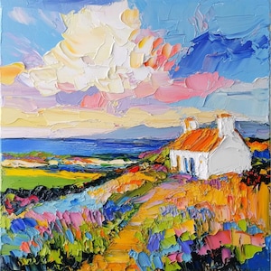Irish Cottage Landscape Oil Painting Colorful Scene Wall Art Hand Painted Impasto Artwork Vibrant Countryside Wall Art by ArtSenya