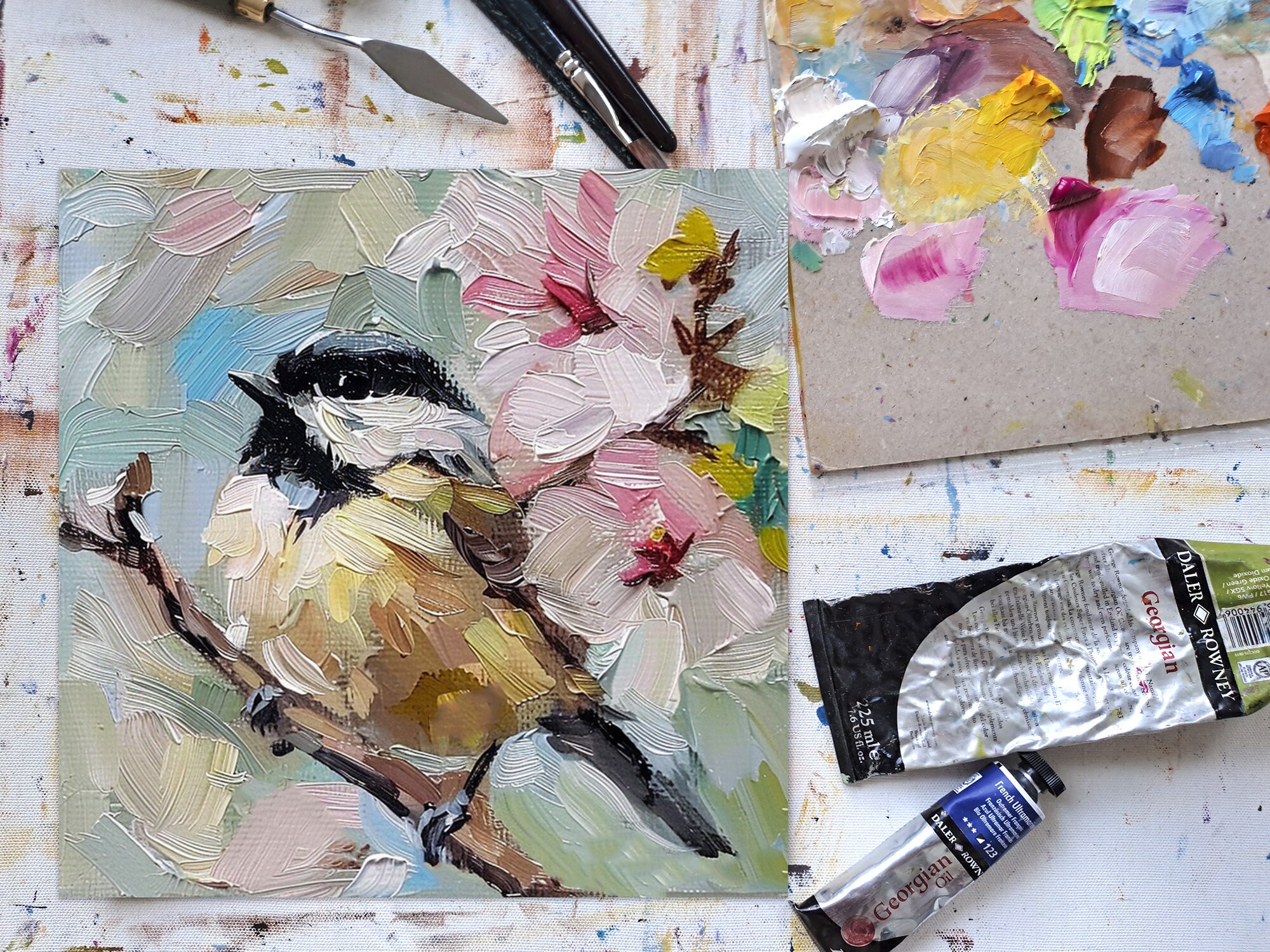 チカディー キャンバス油絵 小鳥 オリジナル絵画 花 キャンバスアート