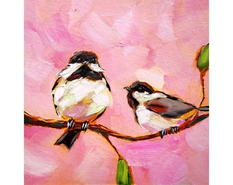 Chickadee Painting Bird Original Art Couple Animals Oil Painting Friendship Artwork