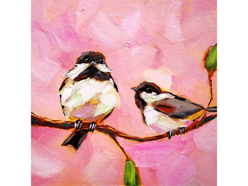 Chickadee Painting Bird Original Art Couple Animals Oil Painting Friendship Artwork image 1