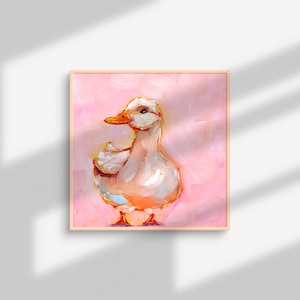Op de afbeelding: Een schilderij van een witte eend met een gele snavel die op een roze achtergrond staat.