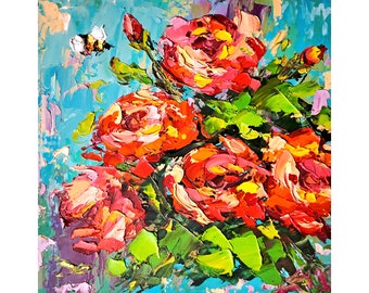 Impasto rose, peinture à l'huile florale originale, oeuvre d'abeilles, fleurs, art mural, décoration printanière, peinture murale texturée, par ArtSenya