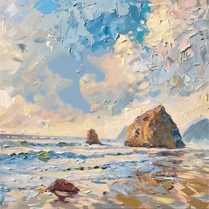 Cannon Beach Original Oil Painting Oregon Seascape Impasto Painting Wall Decor by ArtSenya