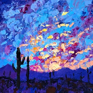 Saguaro Oil Painting Arizona Original Art Impasto Oil Painting Desert Landscape 10&quot; by 10&quot; by ArtSenya