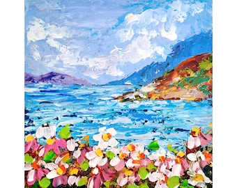 Big Sur Painting California Original Art Daisies Impasto Oil Painting 10" by 10" Wall Art Decor