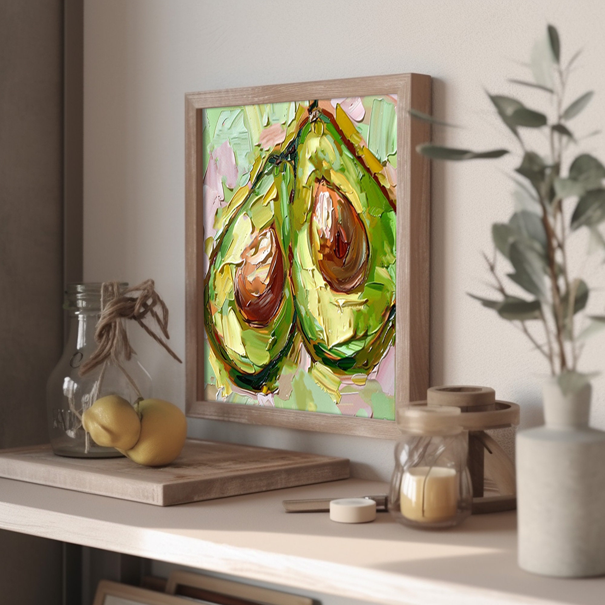 アボカドの油絵 アボカド油絵キャンバス 食べ物 オリジナルファインアート キッチン