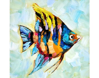 エンゼルフィッシュの絵画 魚のオリジナルアート 動物の油絵 スカラー
