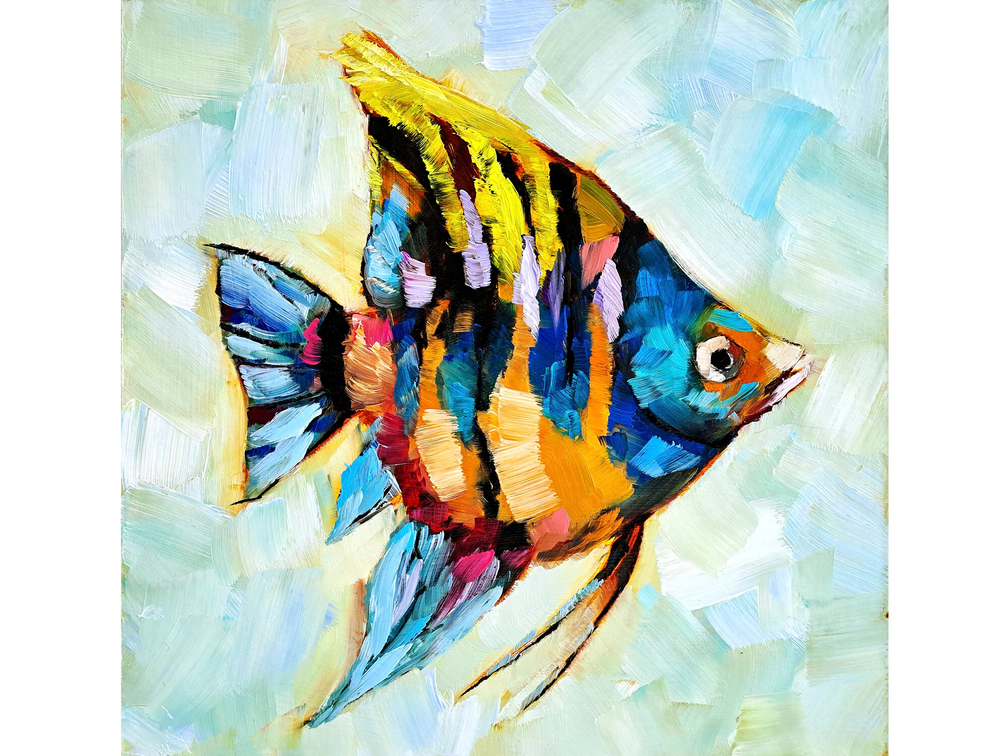 エンゼルフィッシュの絵画 魚のオリジナルアート 動物の油絵 スカラー
