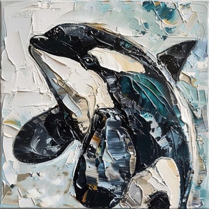 Orca Pittura a olio Animali Arte originale Balena Impasto Olio Opera d'arte Arte murale subacquea Decorazione marina Regali di ArtSenya