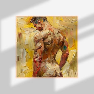 Puede incluir: Una pintura de una figura masculina desnuda con una complexi&oacute;n musculosa, de pie de espaldas al espectador. La figura est&aacute; pintada en un estilo suelto y expresivo con pinceladas gruesas. El fondo es de un amarillo vibrante.
