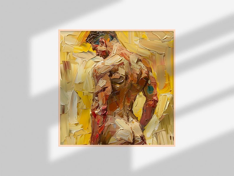 Puede incluir: Una pintura de una figura masculina desnuda con una complexi&oacute;n musculosa, de pie de espaldas al espectador. La figura est&aacute; pintada en un estilo suelto y expresivo con pinceladas gruesas. El fondo es de un amarillo vibrante.