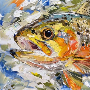マスの魚の油絵 キャンバスに描かれた魚 オリジナルキャンバス ファインアート 動物 壁飾り 彼へのギフト ArtSenya