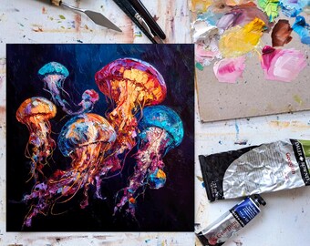 クラゲの絵画：油彩画による海のアート、カラフルな海の生き物
