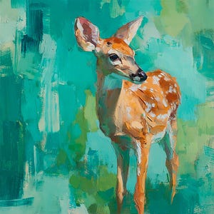Deer Painting Woodland Fawn Wall Art Animal Oil Painting Green Forest Wildlife Nursery Decor by ArtSenya