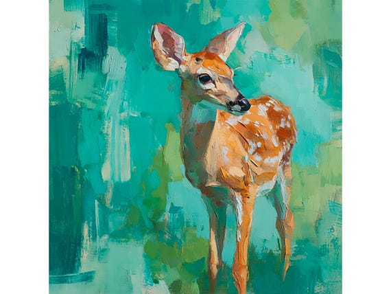 Deer Painting: Fawn Oil Painting, Green Forest Nursery Art