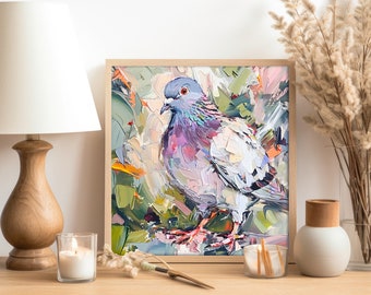 鳩の油絵 鳥 厚塗り オリジナル ファインアート 動物 壁アート 装飾