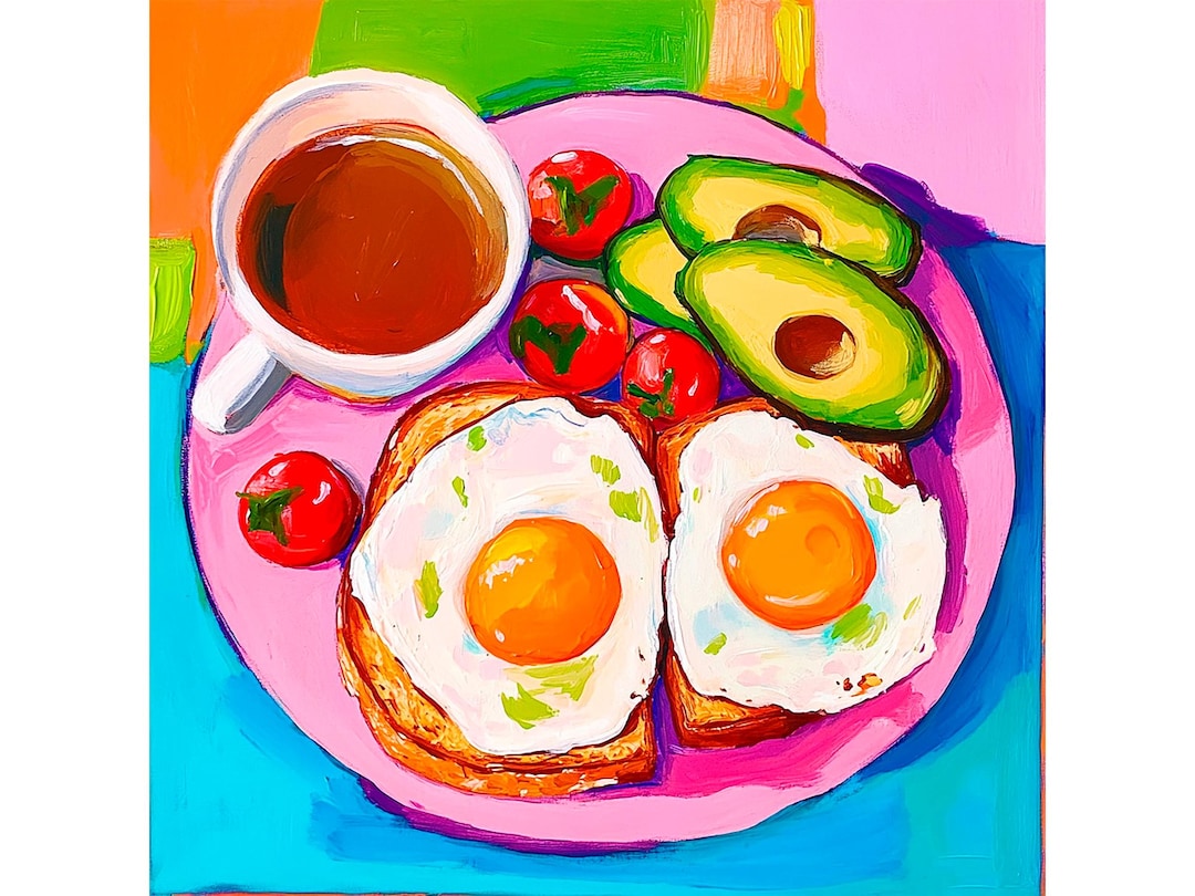 Breakfast Painting Avocado Toast and Eggs Wall Art Vibrant Kitchen ...