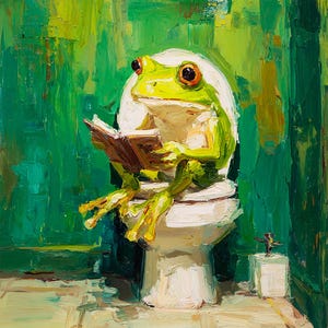 Funny Frog Painting Bathroom Wall Art Impasto Style Quirky Toilet Decor Frog Reading Book Oil Art  Gift by ArtSenya