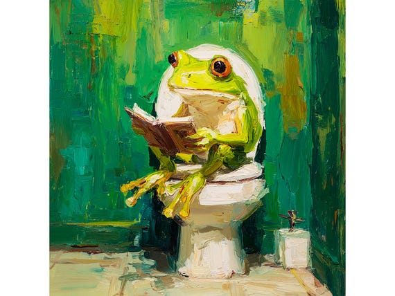 Funny Frog Painting Bathroom Wall Art Impasto Style Quirky Toilet Decor Frog Reading Book Oil Art  Gift by ArtSenya
