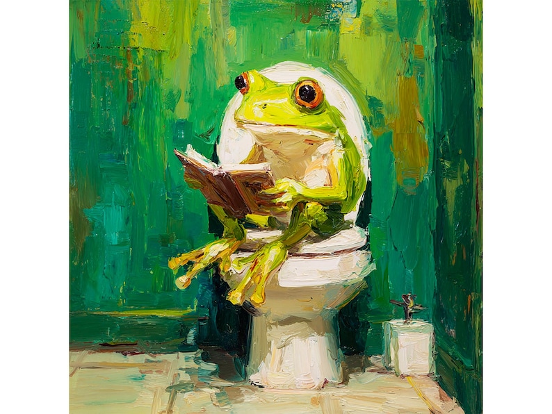 Funny Frog Painting Bathroom Wall Art Impasto Style Quirky Toilet Decor Frog Reading Book Oil Art  Gift by ArtSenya